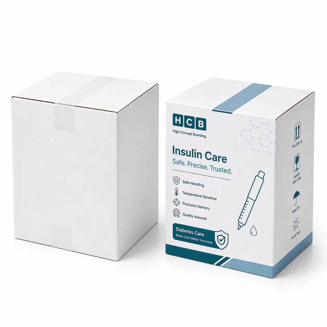 An open and closed blue themed branded box designed for pharmaceutical insulin pen packaging. class=